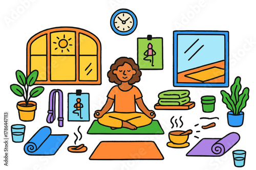 Yoga Studio Morning. Yoga studio morning. Colorful Hand-drawn doodle Children illustration Yoga studio morning windows with light, yoga mats, clock,