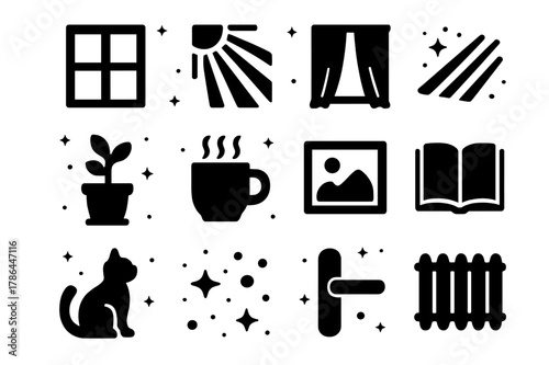 Window Light Icons. Window Light. Solid icons set of Window Light: window frame, sunbeam, sheer curtain, shadow stripes, windowsill plant, coffee mug, picture