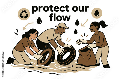 River Cleanup Heroes. River Ecosystem ? River Cleanup. Volunteers lift debris with gloved hands; floating icons of recycling and water drops circle around.