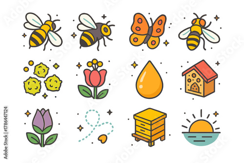 Pollinators in Bloom Icons. Pollinators in early bloom. Colorful isometric vector icons set of Pollinators in early bloom: honeybee, bumblebee, butterfly,