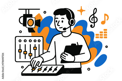 Stage Manager's Control. Lighting and sound. Stage manager monitors lighting and audio controls with abstract