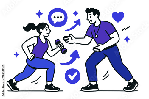 Dynamic Fitness Coaching. Fitness training and personal coaching. Personal trainer giving one-on-one fitness guidance with abstract floating icons, arrows, and