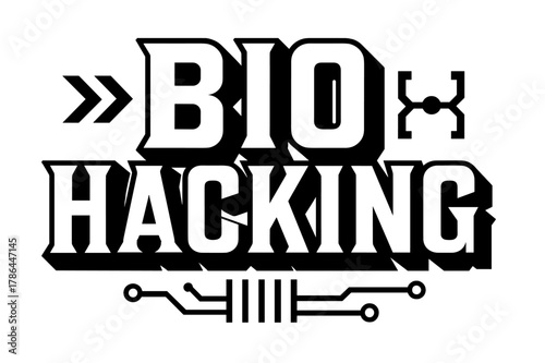 Biohacking Geometric Design. Biohacking ? bold block geometric lettering; thick massy letters with geometric serifs, heavy outer outline, strong cast shadow;