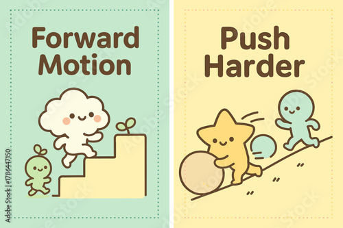 Kawaii Forward Motion. Forward motion. Two vertical A6 banners with safe margins, centered composition, no elements touching edges, kawaii, pastel mint and