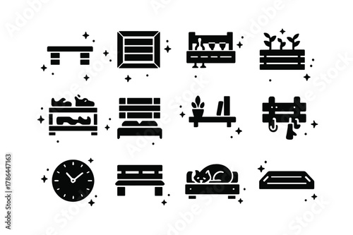 DIY Pallet Icon Set. DIY pallet decor projects. Solid icons set of DIY pallet decor projects: pallet coffee table, pallet wall art, pallet wine rack, pallet