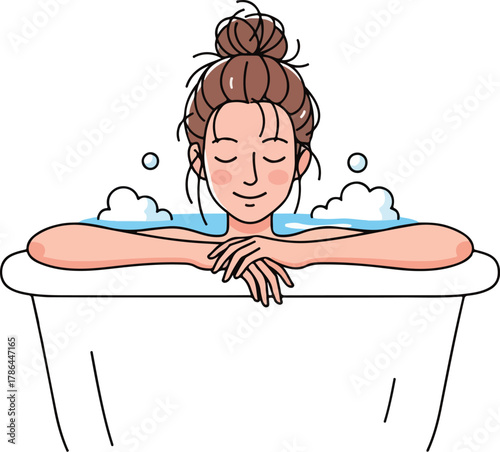 Relaxing Woman Enjoying Bubble Bath for Self Care and Stress Relief Illustration
