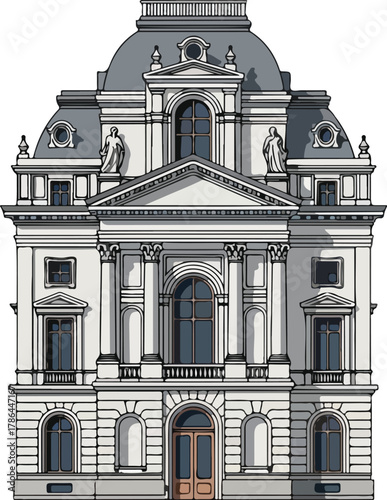 Ornate Neoclassical European Mansion Facade Illustration for Architecture Projects