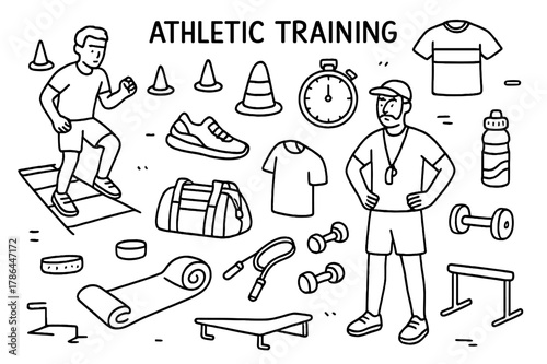Athletic Training Doodles. Athletic Training. Hand-drawn doodle illustration Athletic Training athlete, agility ladder, cones, sneakers, stopwatch, sportswear,