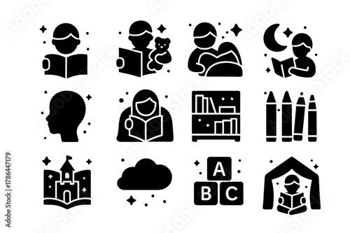 Whimsical Reading Icons. Children Reading. Solid icons set of Children Reading: storybook, teddy bear, stars, moon, child silhouette, blanket, bookshelf,