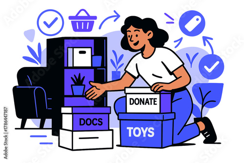 Dynamic Home Organization. Personalized home organization and decluttering. Person arranging labeled boxes and