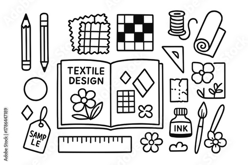 Textile Design Essentials. Textile design. Hand-drawn doodle illustration textile design sketchbook, pencil, ruler, swatches, pattern grid, brush, ink bottle,