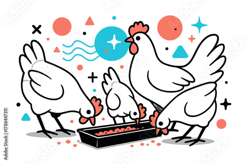 Geometric Chicken Farm. Poultry Farm. Close-up of chickens pecking feed with floating abstract geometric shapes and glowing accents, lively and productive farm