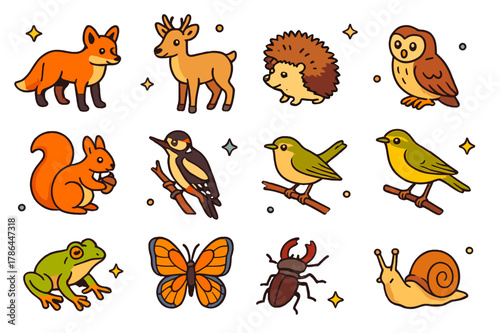 Forest Wildlife Icons. Forest wildlife in May. Colorful isometric vector icons set of Forest wildlife in May: red fox, roe deer, hedgehog, hare, red squirrel,
