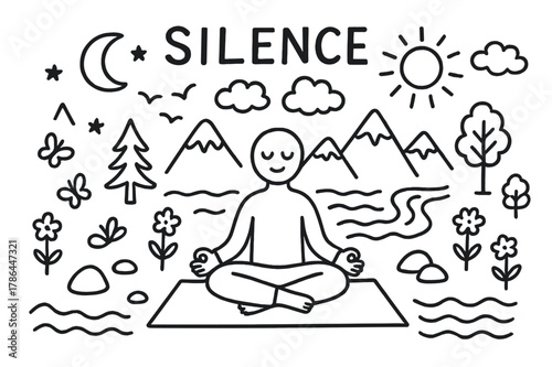 Tranquil Meditation Scene. Silence. Hand-drawn doodle illustration Silence person meditating, mountains, trees, clouds, river, sun, moon, birds, yoga mat,