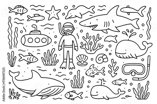 Underwater Doodle Illustration. Hand-drawn doodle illustration. underwater world. Hand-drawn doodle illustration underwater world, fish, sharks, dolphins,