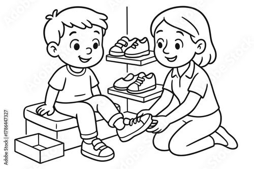 Children's Shoe Fitting. Shoe fitting children?s coloring book illustration, outlined drawing, child trying on