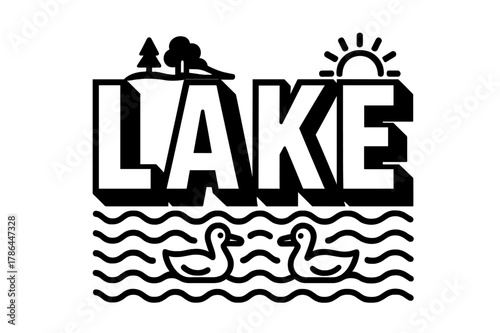 Lake Block Lettering. Bold Block Lettering ? "Lake" in massive bold geometric letters, stacked block composition, heavy outlines with subtle drop shadow,
