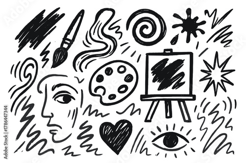 Abstract Brush Expressions. Wild brush strokes (expressionism). Hand-drawn doodle illustration wild brush strokes (expressionism) paintbrush, palette, canvas,