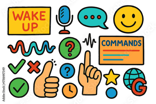 Voice Command Icons. Voice command prompts. Colorful Hand-drawn doodle Children illustration Voice command prompts wake word card, mic button, voice bubble,