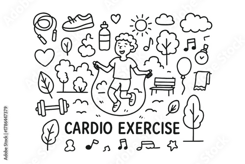 Energetic Cardio Doodle. Cardio Exercise. Hand-drawn doodle illustration of Cardio Exercise. In the middle,