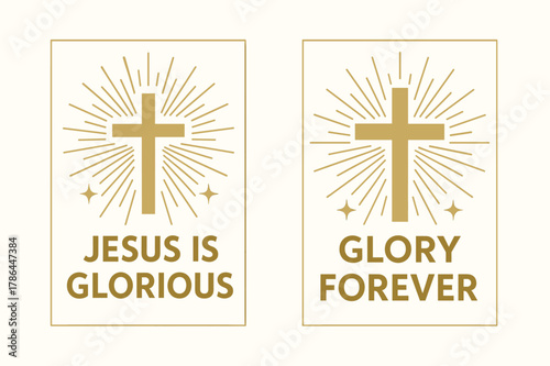 Radiant Cross Banners. Glory of Christ. Two vertical A6 banners with safe margins, centered composition, no elements touching edges, flat vector design, white