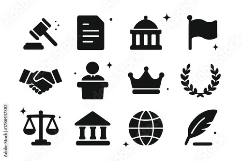 Legislation Icon Set. Legislation. Solid icons set of Legislation: gavel, document, government building, flag, handshake, podium, crown, laurel wreath, scales