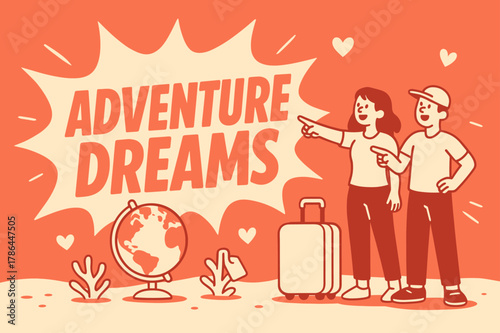 Adventure Awaits!. Adventure dreams banner, flat vector illustration, bold oversized text inside splash explosion, cartoon characters standing and pointing,