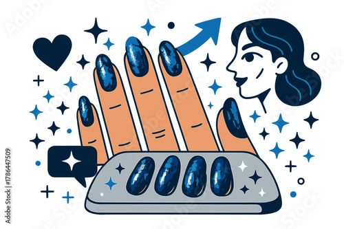 Stylish Foil Nails. Foil nails. Display of metallic foil nails on manicure table with abstract floating icons, sparkles, and arrows; conveys nail fashion,