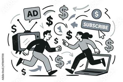 Monetization Disruption Dynamics. Monetization challenge. Floating dollar signs, ad icons, and subscription