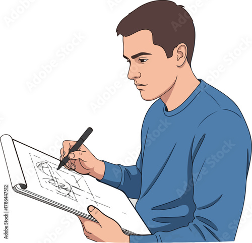 Young Male Architect or Engineer Sketching Technical Blueprint Design on Clipboard