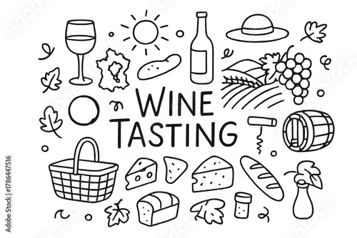 Wine Tasting Doodle. Wine Tasting. Hand-drawn doodle illustration of tasting a glass of wine during a vineyard