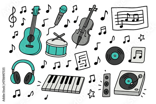 Colorful Music Doodles. Music. Hand-drawn doodle illustration music instruments, colored guitar, accented violin, colored microphone, accented drum, colored