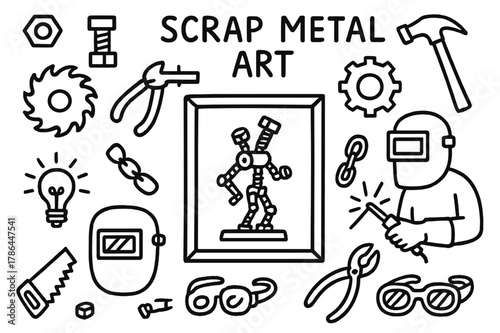 Scrap Metal Art. Scrap metal art. Hand-drawn doodle illustration scrap metal art sculpture, bolts, nuts, saw blade, gear, hammer, welder, chain, pliers,
