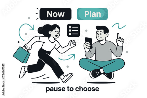 Impulse vs Intent. Shopping Habits ? Impulse vs Intent. Two buttons hover: ?now? flickers and ?plan? glows steady; a list icon anchors the scene. Caption