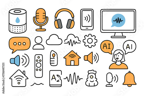 Smart Device Doodles. Voice interface. Hand-drawn doodle illustration smart speaker (colored), microphone (colored), headphones (colored), smartphone