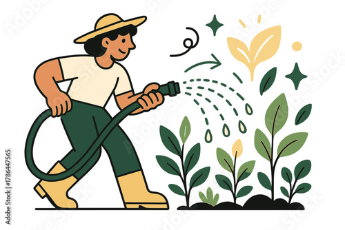 Lively Plant Watering. Gardening and plant care. Person watering plants with hose; drops forming soft arcs and