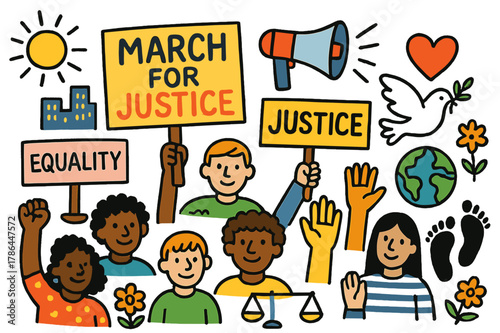 Colorful Justice March. March for justice. Colorful Hand-drawn doodle Children illustration March for justice protest signs, raised hands, megaphone, peace
