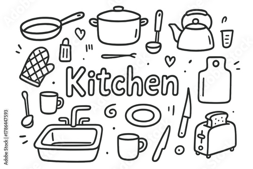 Hand-Drawn Kitchen Doodle. Kitchen. Hand-drawn doodle illustration of kitchen. Frying pan, pot, ladle, oven