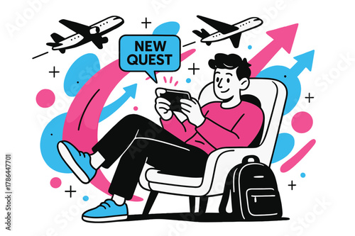 Airport Gaming Adventure. Playing a mobile game on the go ? Airport lounge. Backpack at feet, player leans back in a comfy chair; planes and abstract arrows