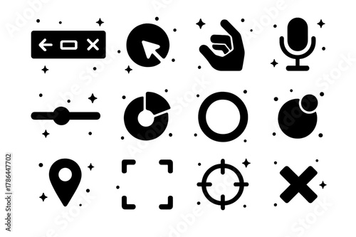 Augmented Reality Icons. augmented reality user interface. Solid icons set of augmented reality user interface: floating toolbar, gaze cursor, hand pinch icon,