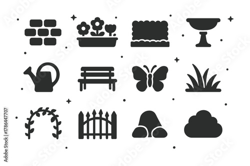 Garden Walkway Icons. Garden Walkway. Solid icons set of Garden Walkway: paving stones, flower bed, hedge, birdbath, watering can, wooden bench, butterfly,