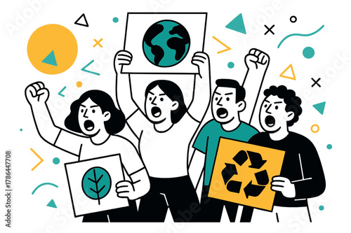 Energetic Environmental Activism. Environmental Protests. Crowd chanting slogans with floating abstract geometric shapes and green accents, energetic and