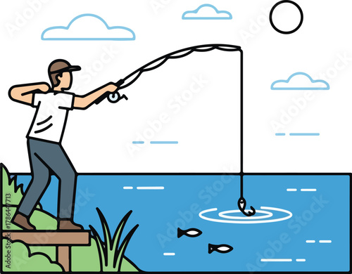 Man Fishing with Rod and Reel by Water Simple Line Art Illustration