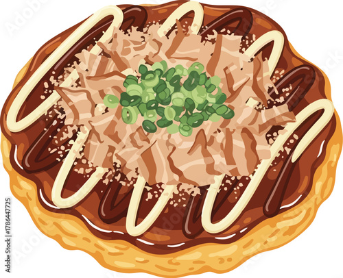 Delicious Japanese Okonomiyaki Savory Pancake Illustration Isolated on White Background