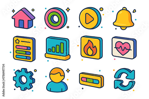Colorful Fitness App Icons. Simple fitness app interface. Colorful isometric vector icons set of Simple fitness app interface: home screen, activity rings,