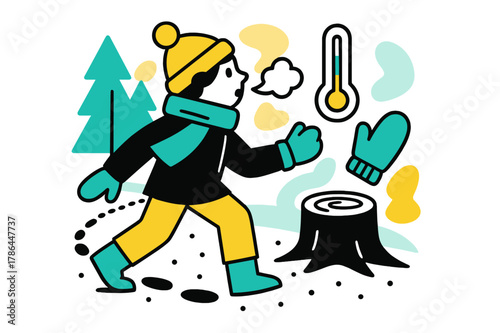 Snowy Trail Adventure. Forest Footprint Trail. Snowy ground shows a dotted path veering behind a stump; breath puffs drift like tiny clouds. A ?hot/cold? meter