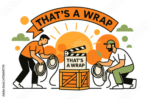 Golden Hour Wrap. Behind-the-scenes filming ? Golden hour wrap. Sun flares into graphic circles; crew coils cables while a slate rests on a crate. ?THAT?S A
