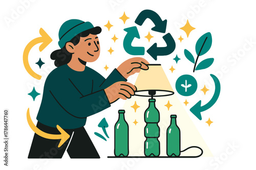 Eco-Friendly Creative Crafting. Upcycling and creative reuse of materials. Person crafting a decorative lamp from recycled bottles with abstract floating