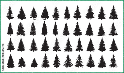 Collection of black silhouettes of various evergreen coniferous trees vector illustration