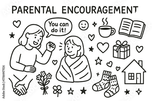 Parental Encouragement Icons. Parental Encouragement. Hand-drawn doodle illustration Parental Encouragement mom cheering child, heart, blanket, cup of tea,